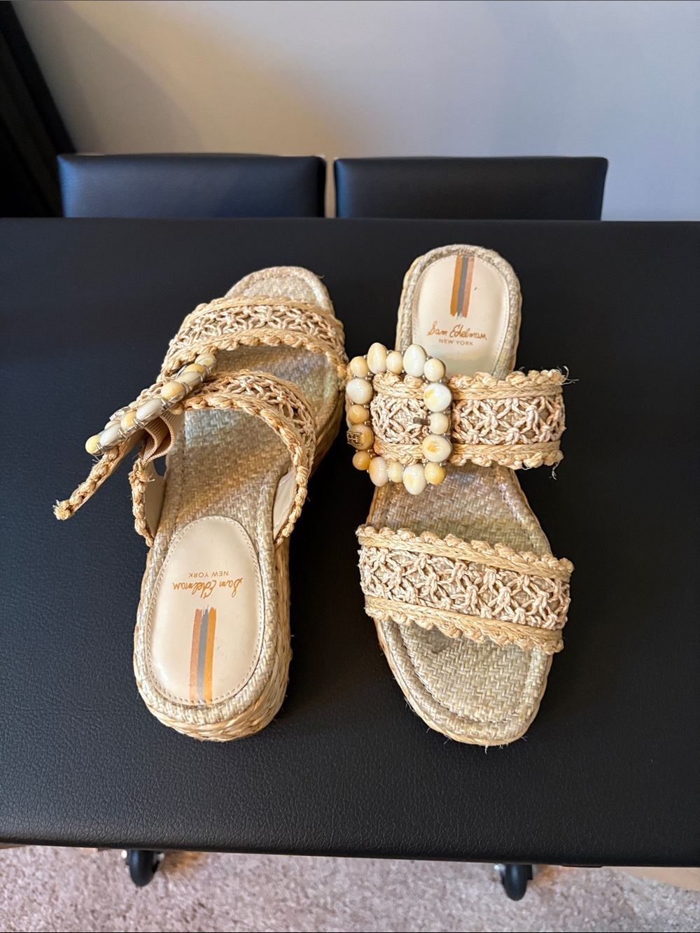 Sam Edelman Beaded Raffia Slide Sandals in Natural